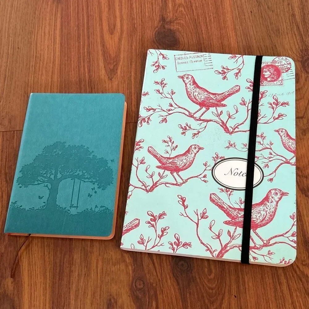 2 New bird and tree themed turquoise blank notebook planner diary leather Cavall